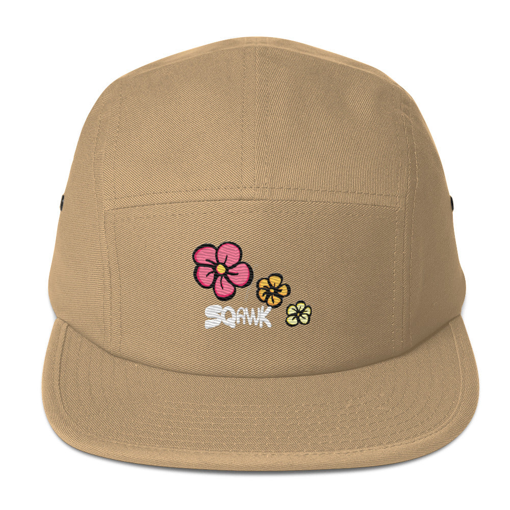 SQAWK Hibiscus tan 5 panel hat front