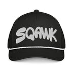 SQAWK Black baseball cap with white sqawk lettering embroidered along front