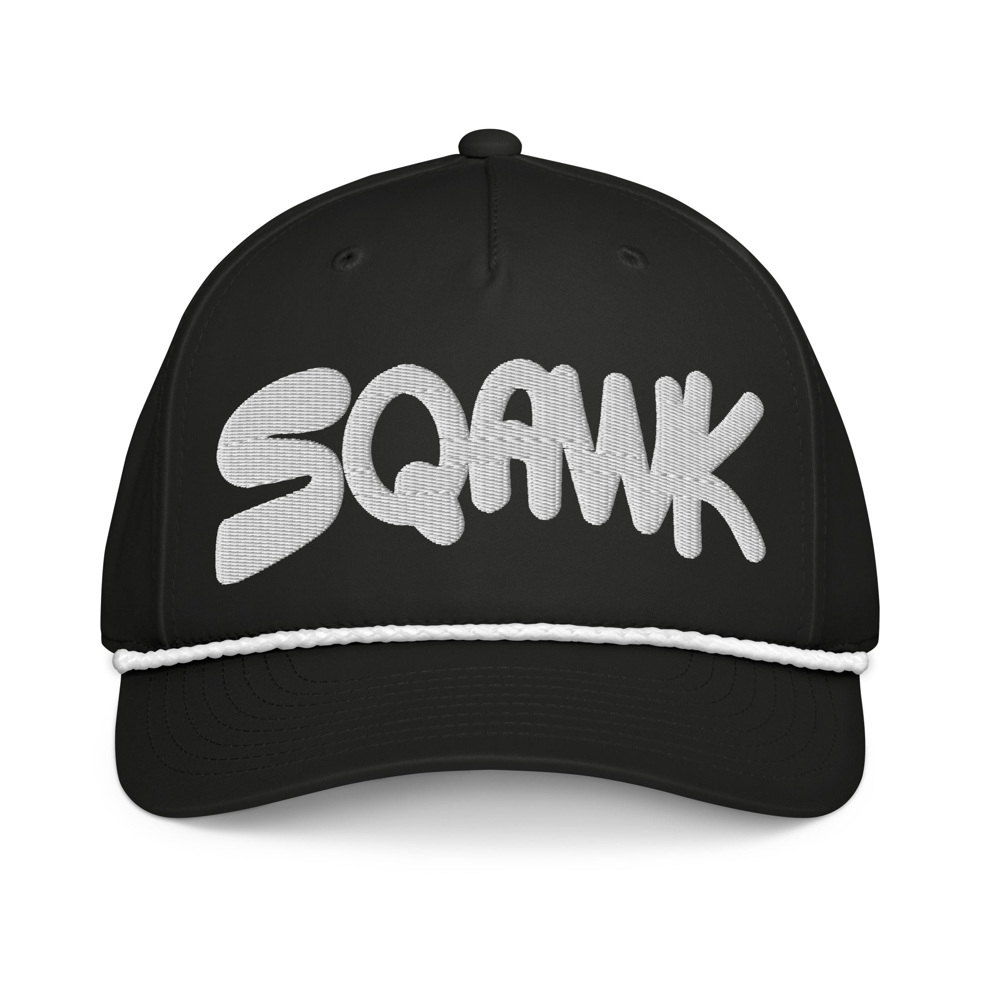 SQAWK Black baseball cap with white sqawk lettering embroidered along front