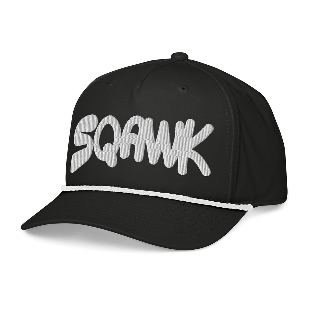 SQAWK Black baseball cap with white sqawk lettering embroidered along front