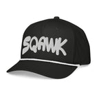 SQAWK Black baseball cap with white sqawk lettering embroidered along front