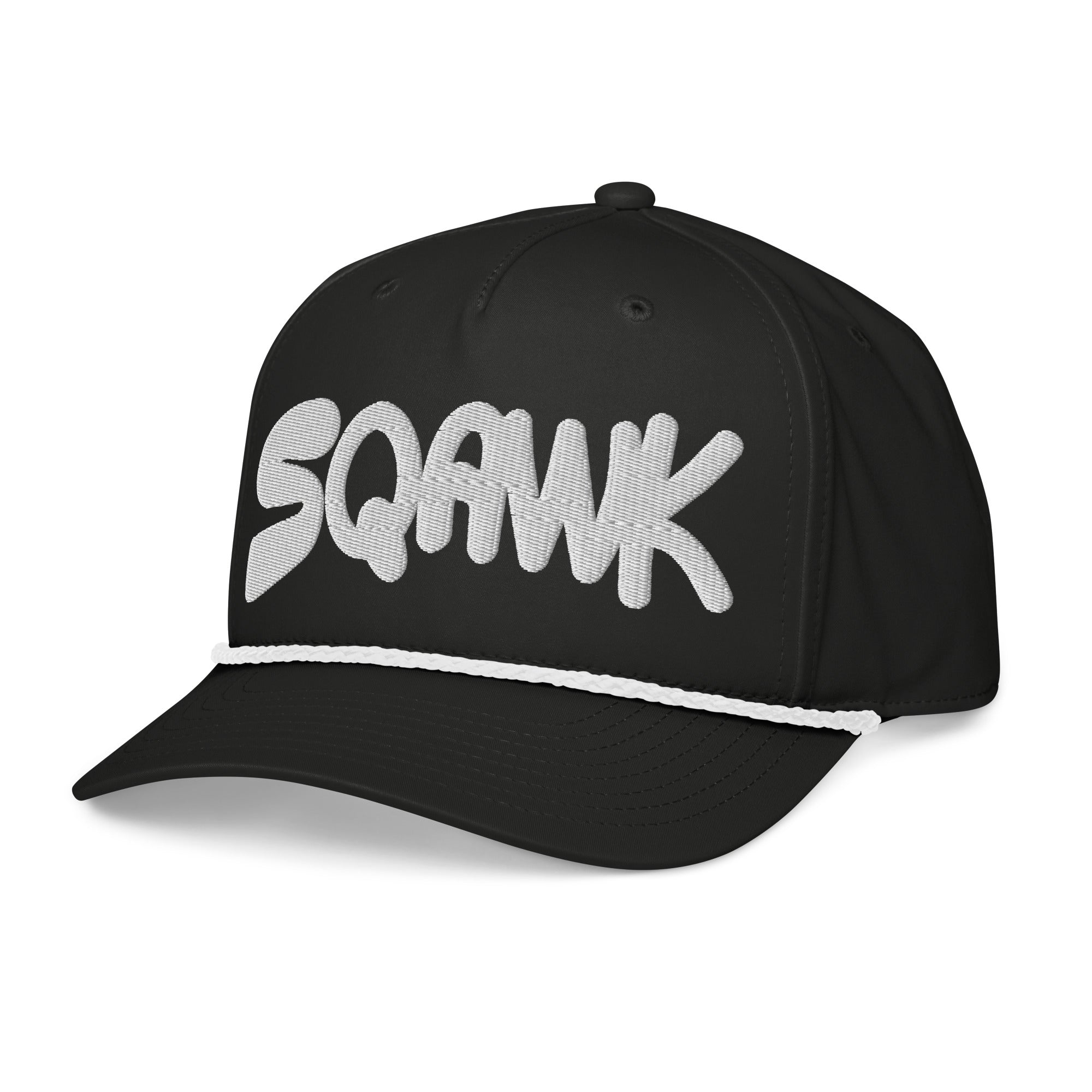 SQAWK Black baseball cap with white sqawk lettering embroidered along front