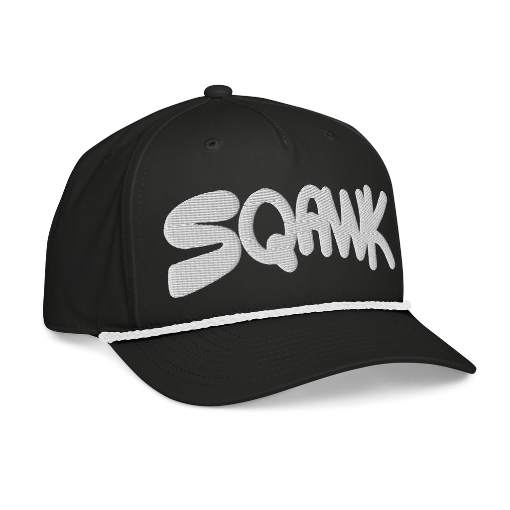 SQAWK Black baseball cap with white sqawk lettering embroidered along front