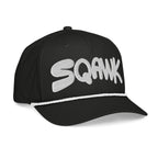 SQAWK Black baseball cap with white sqawk lettering embroidered along front