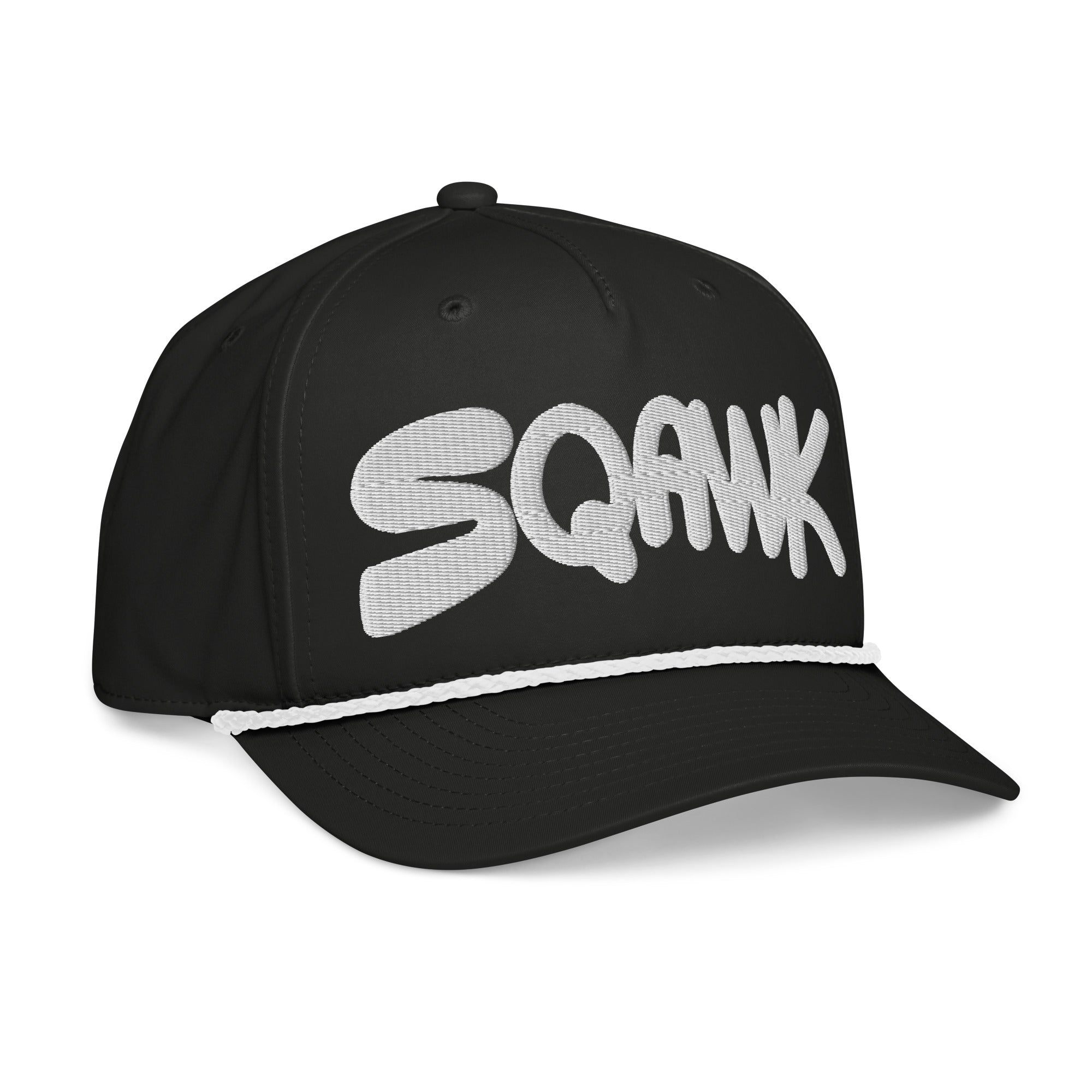 SQAWK Black baseball cap with white sqawk lettering embroidered along front