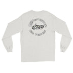 SQAWK Light grey long sleeve sqawk ride together ski tshirt with seagulls in ski gear riding chairlift and lettering saying birds of a feather ride together