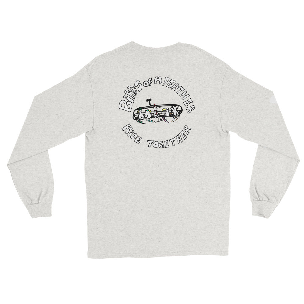 SQAWK Light grey long sleeve sqawk ride together ski tshirt with seagulls in ski gear riding chairlift and lettering saying birds of a feather ride together