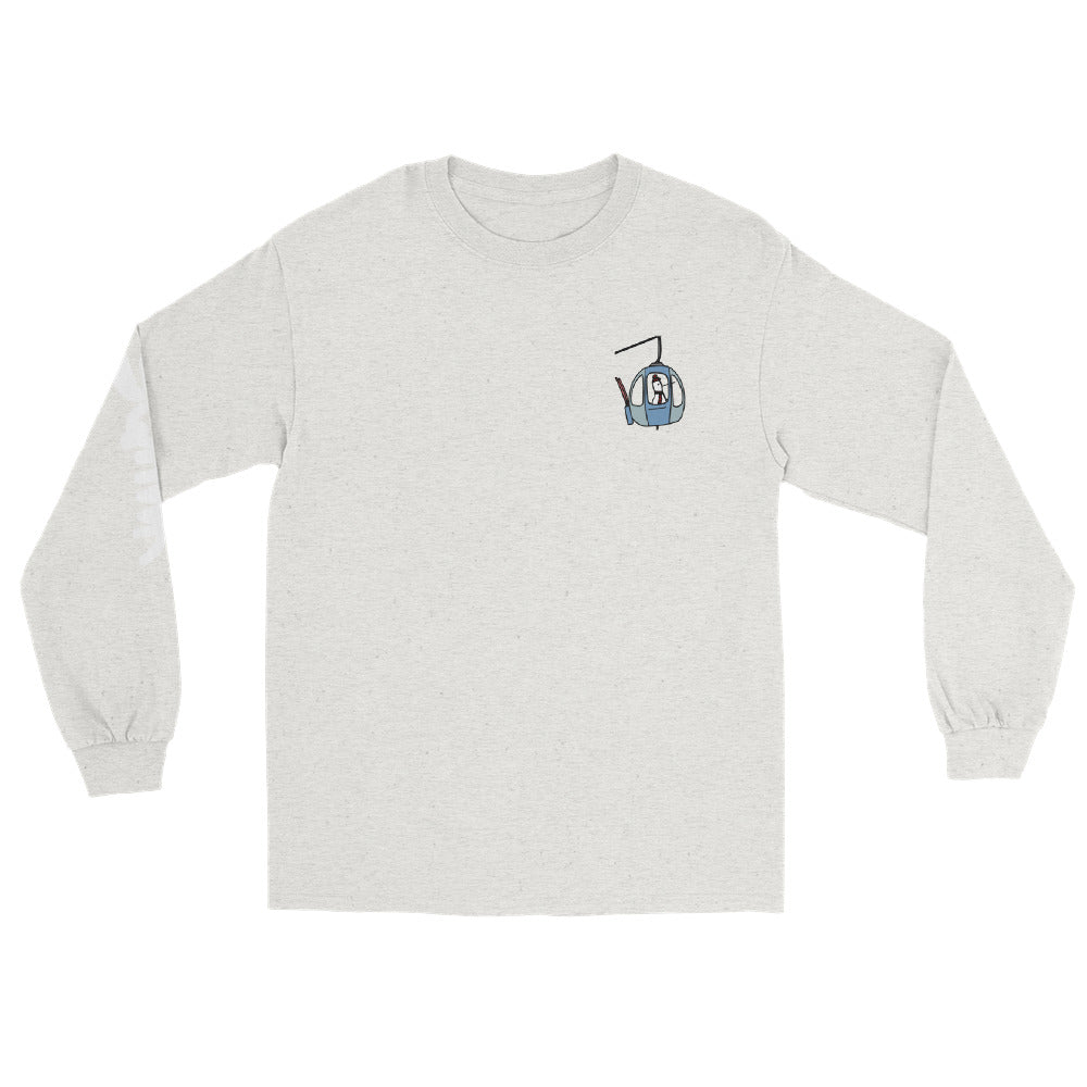 SQAWK Light grey long sleeve sqawk ride together ski tshirt front with seagull in gondola