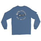 SQAWK Dark blue long sleeve sqawk ride together ski tshirt with seagulls in ski gear riding chairlift and lettering saying birds of a feather ride together