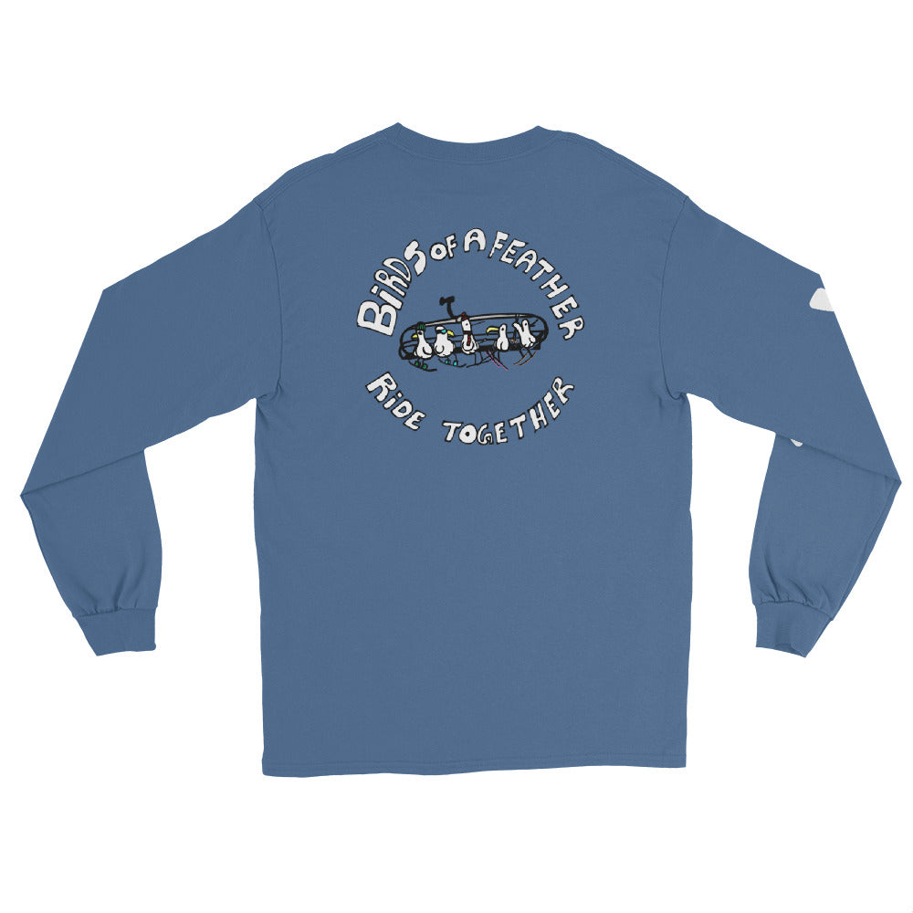 SQAWK Dark blue long sleeve sqawk ride together ski tshirt with seagulls in ski gear riding chairlift and lettering saying birds of a feather ride together