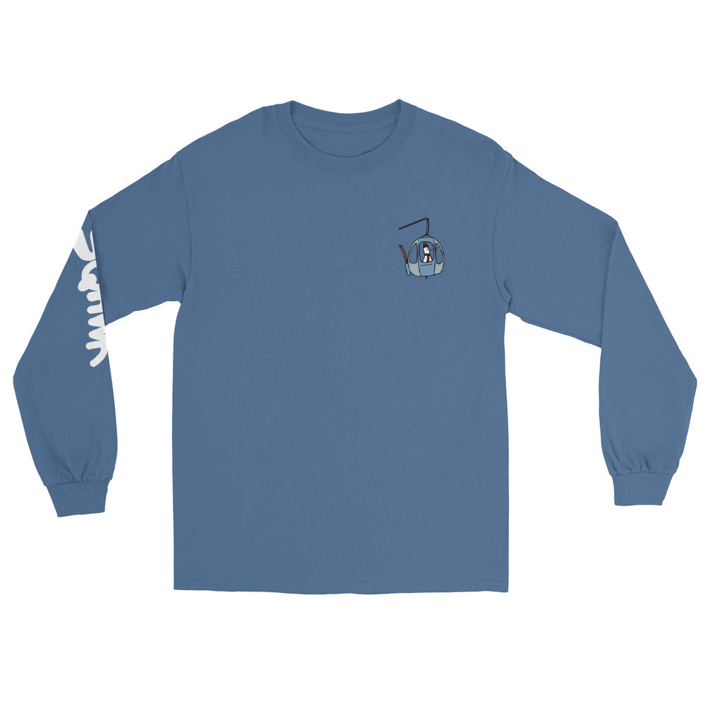 SQAWK Dark blue long sleeve sqawk ride together ski tshirt front with seagull in gondola