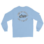 SQAWK Light blue long sleeve sqawk ride together ski tshirt back with seagulls in ski gear riding chairlift and lettering saying birds of a feather ride together