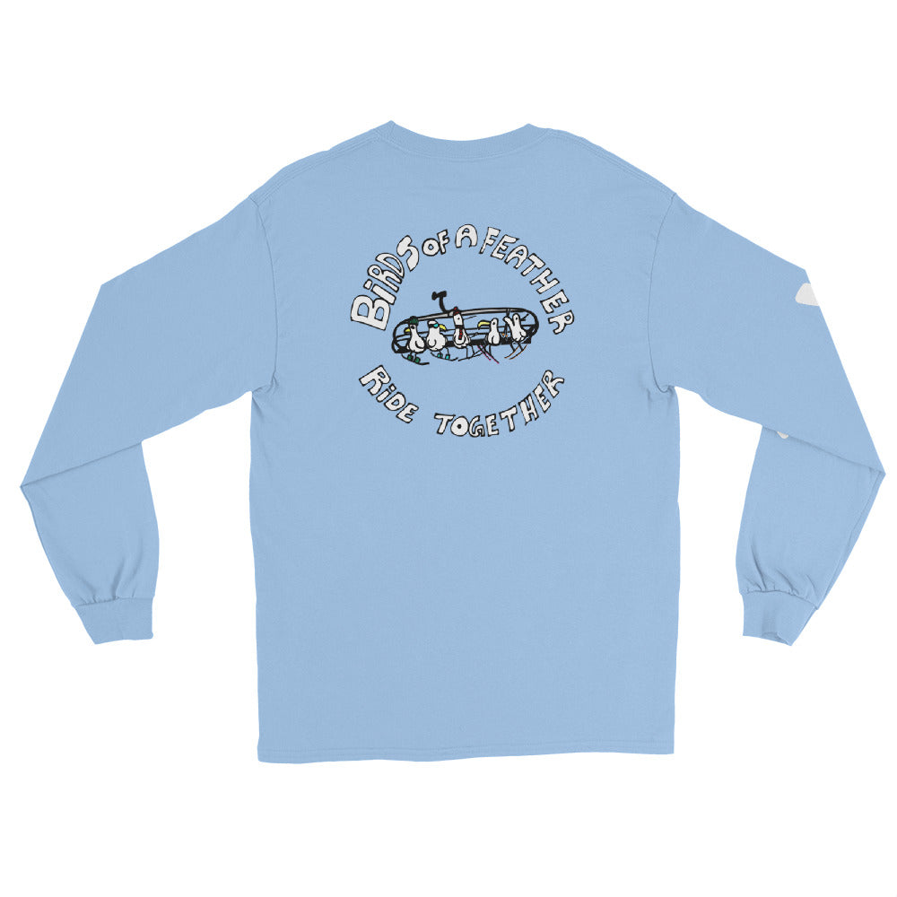 SQAWK Light blue long sleeve sqawk ride together ski tshirt back with seagulls in ski gear riding chairlift and lettering saying birds of a feather ride together