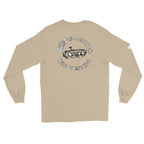SQAWK Tan long sleeve sqawk ride together ski tshirt back with seagulls in ski gear riding chairlift and lettering saying birds of a feather ride together