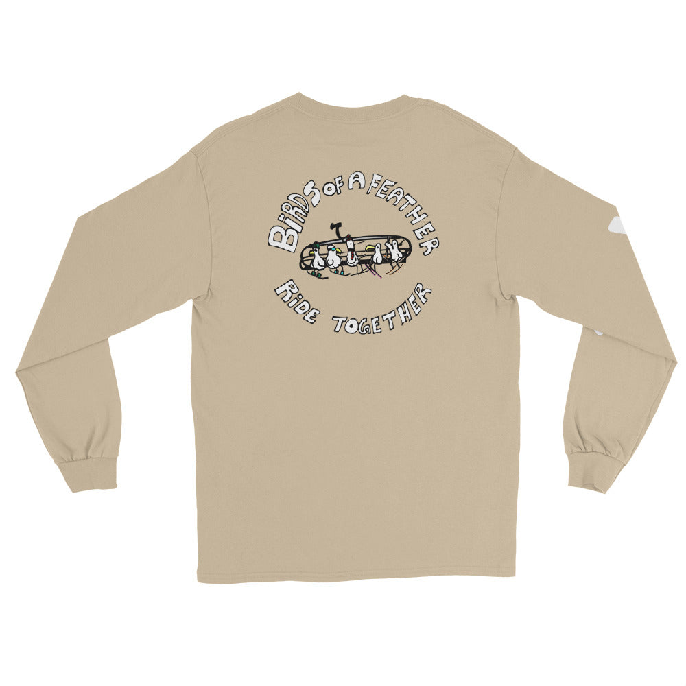 SQAWK Tan long sleeve sqawk ride together ski tshirt back with seagulls in ski gear riding chairlift and lettering saying birds of a feather ride together