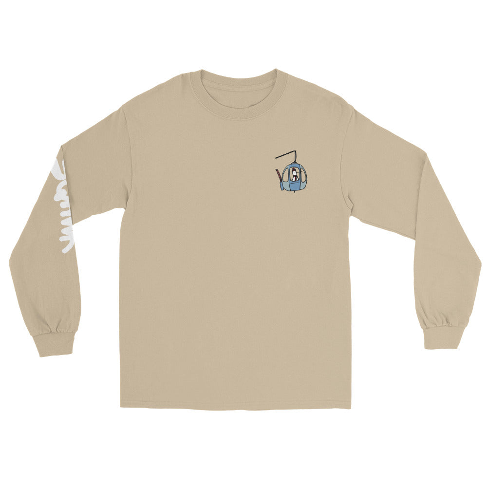 SQAWK Tan long sleeve sqawk ride together ski tshirt fron with seagulls in gondola
