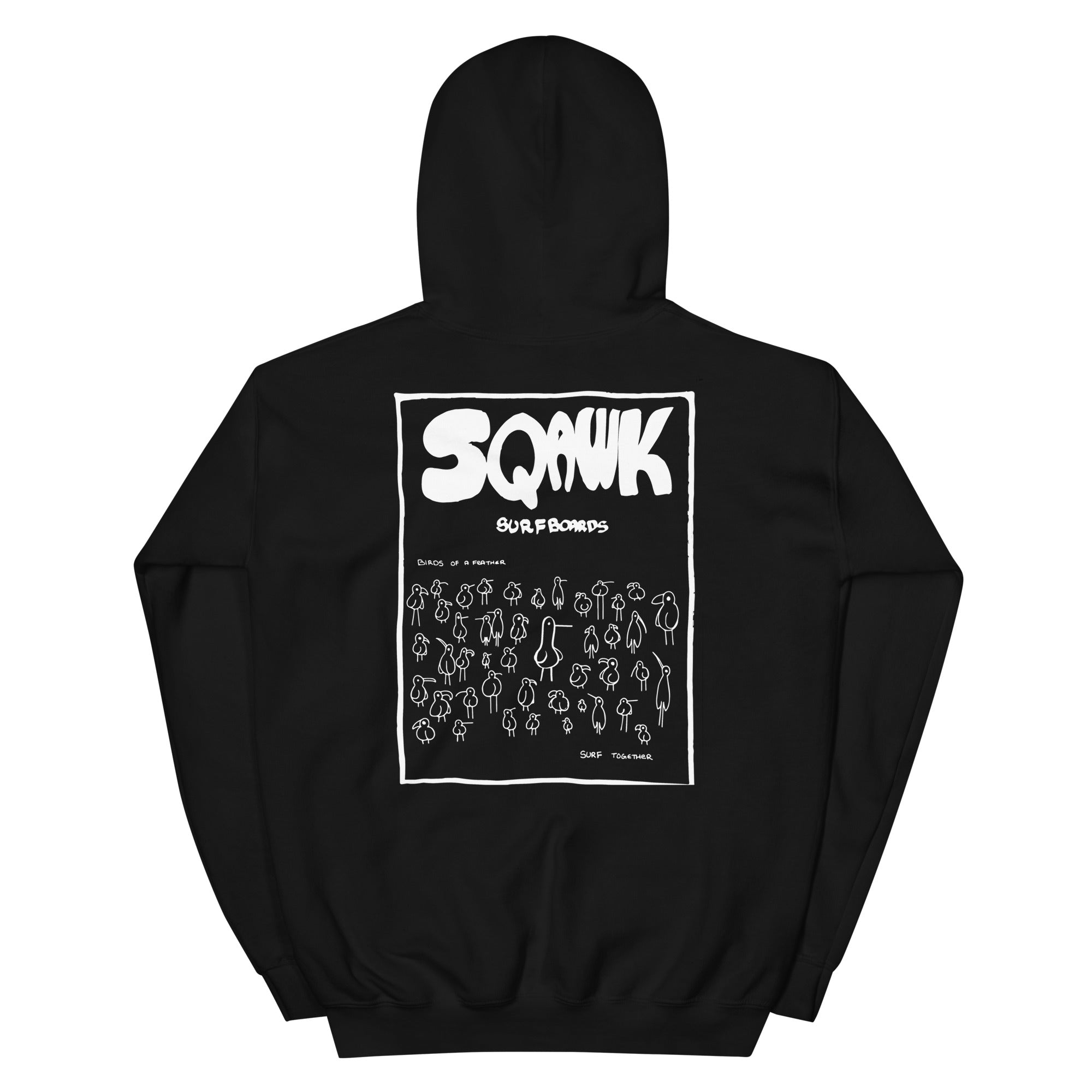 Black hoodie with SQAWK surfboards and flock of seagulls printed on back