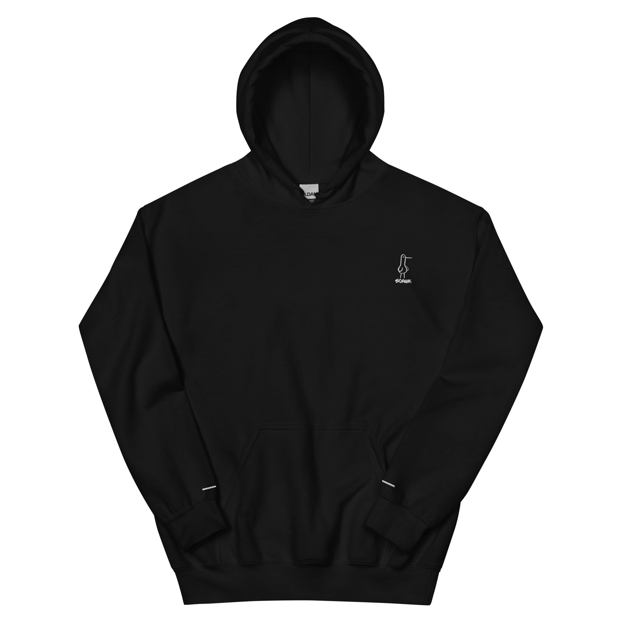 Black hoodie with seagull and sqawk embroidered onto chest
