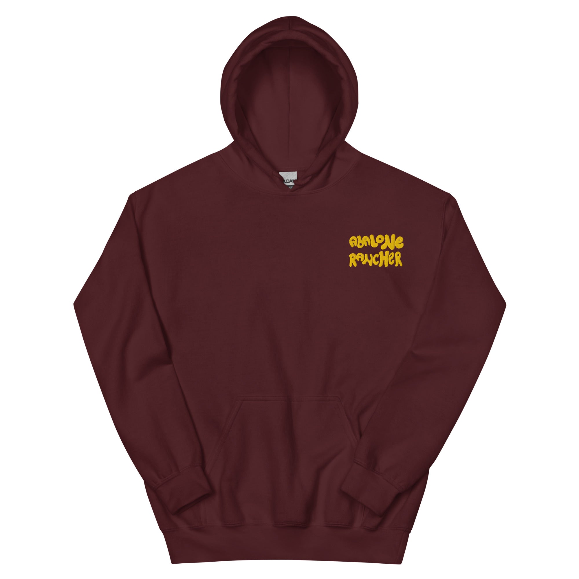Maroon hoodie with abalone rancher logo stitched into front