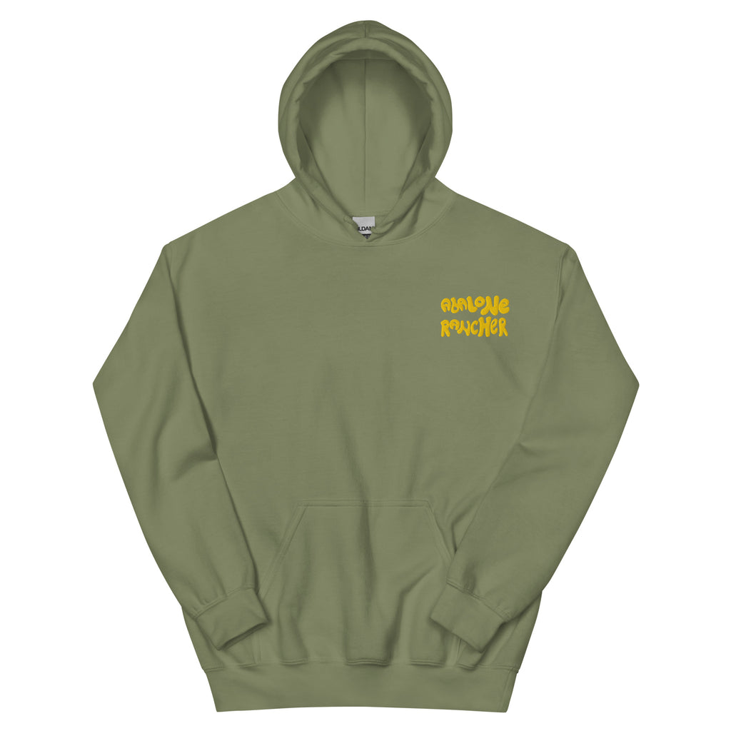 Olive Green hoodie with abalone rancher logo stitched into front