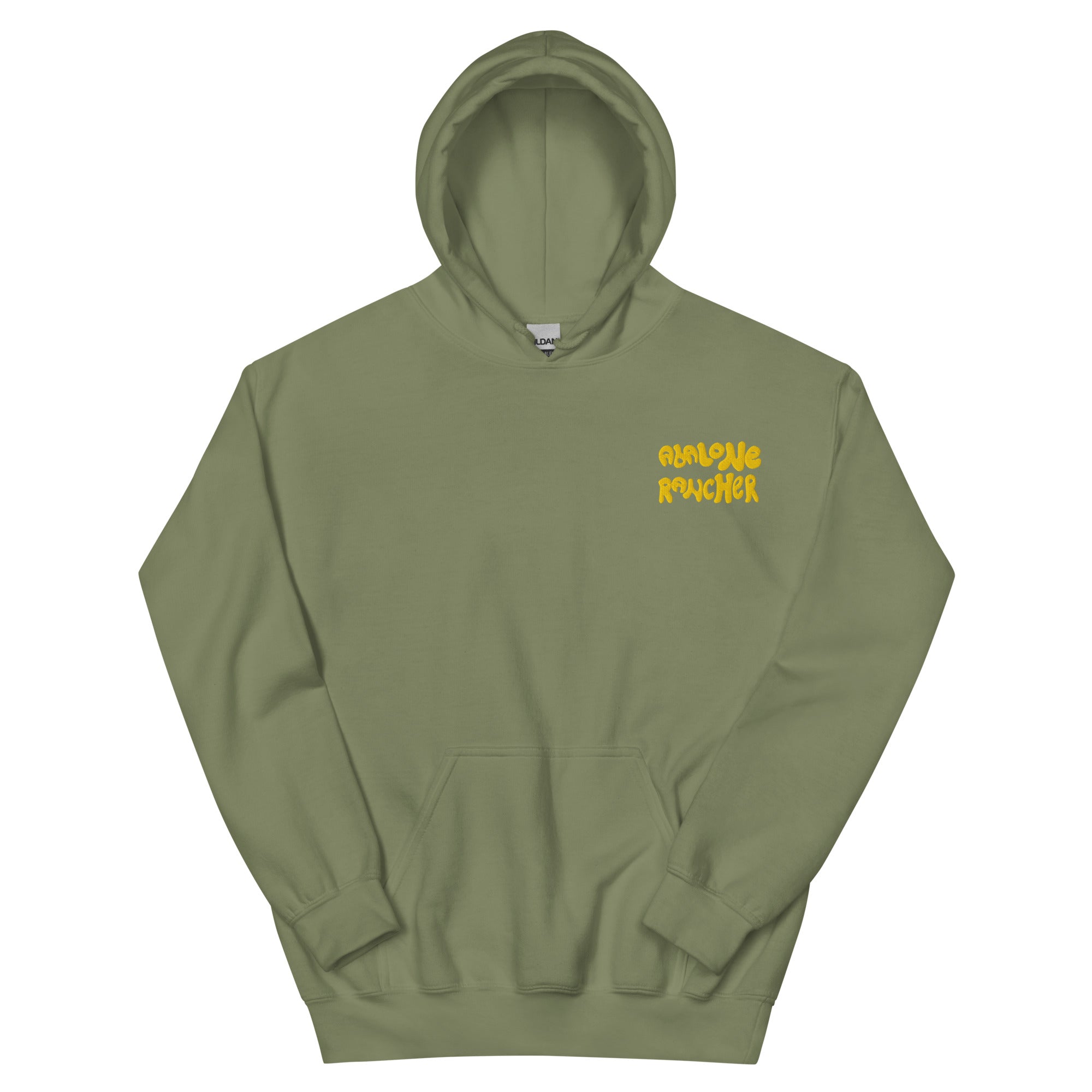 Olive Green hoodie with abalone rancher logo stitched into front