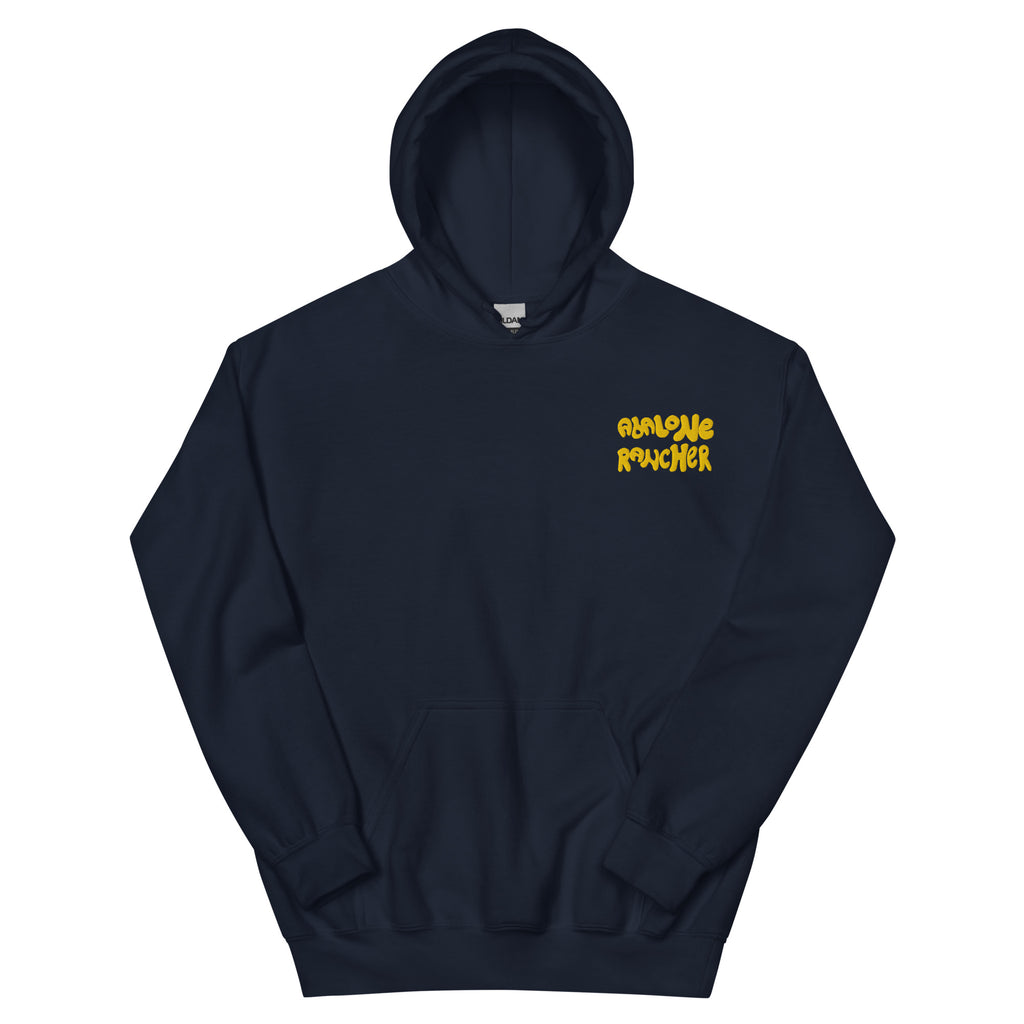 Navy blue hoodie with abalone rancher logo stitched into front