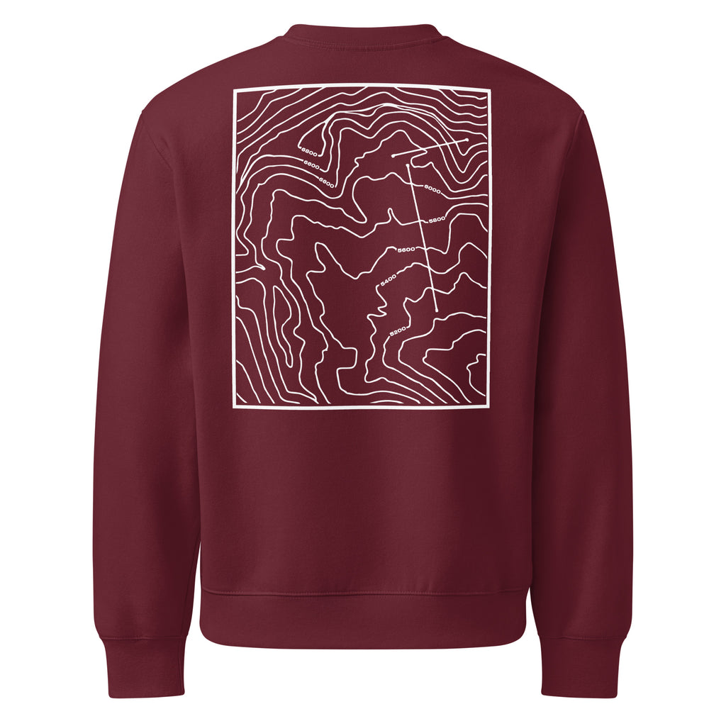 Red SQAWK crew neck with white high topographic design on back