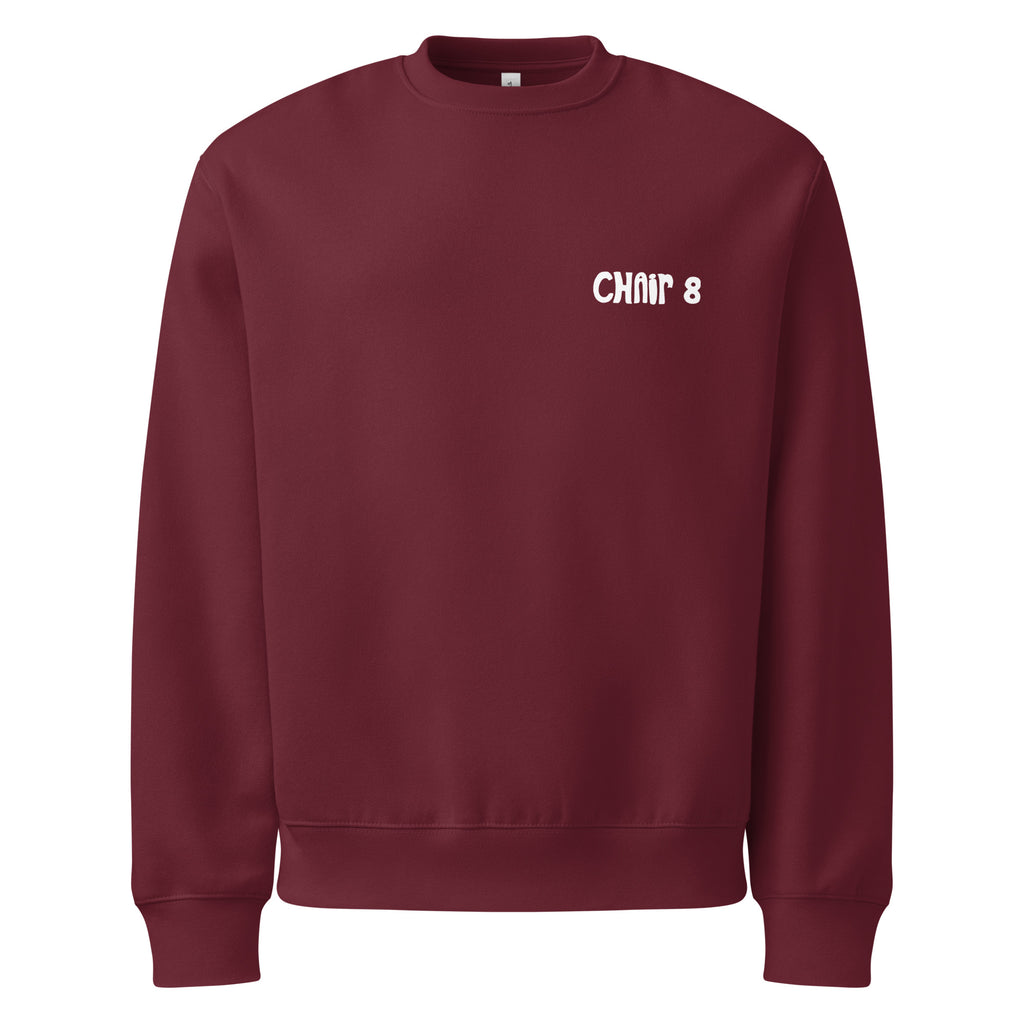 Blue SQAWK crew neck with white chair 8 logo on front