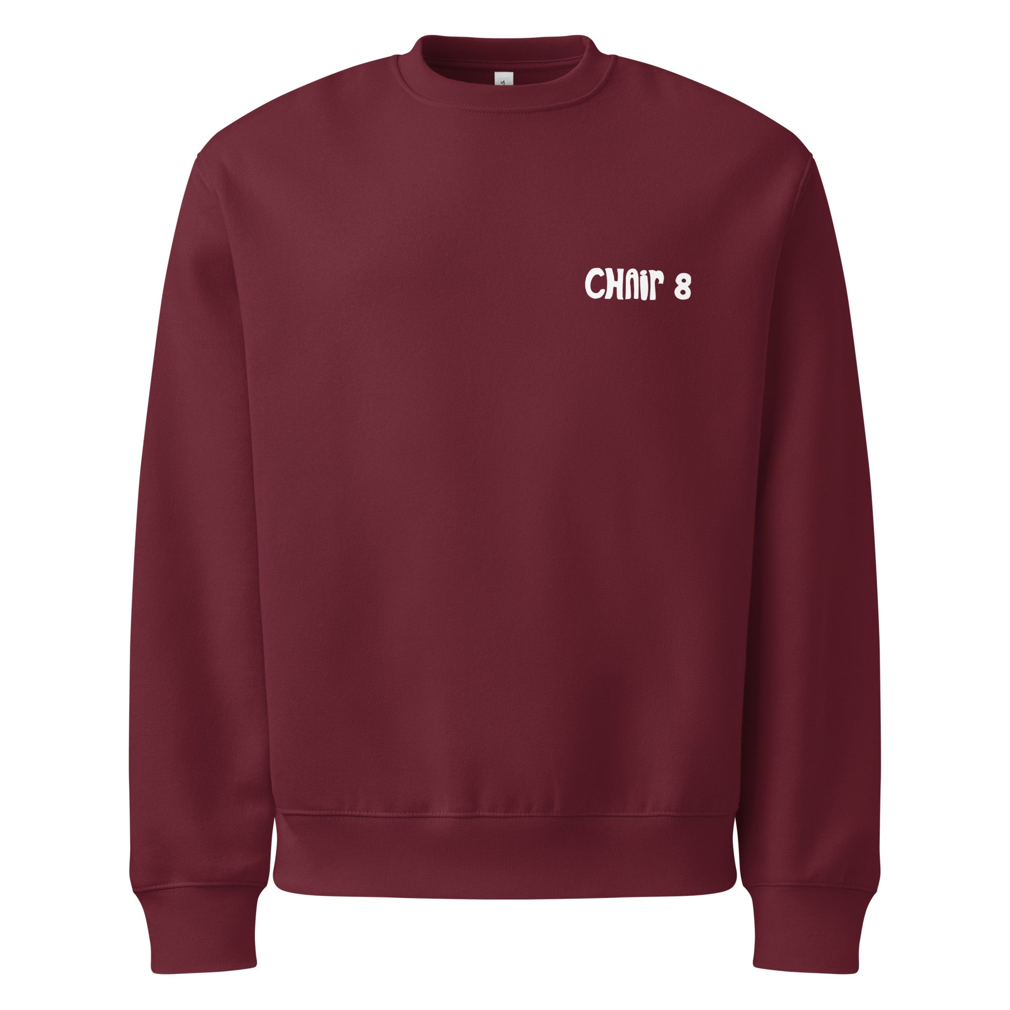 Blue SQAWK crew neck with white chair 8 logo on front
