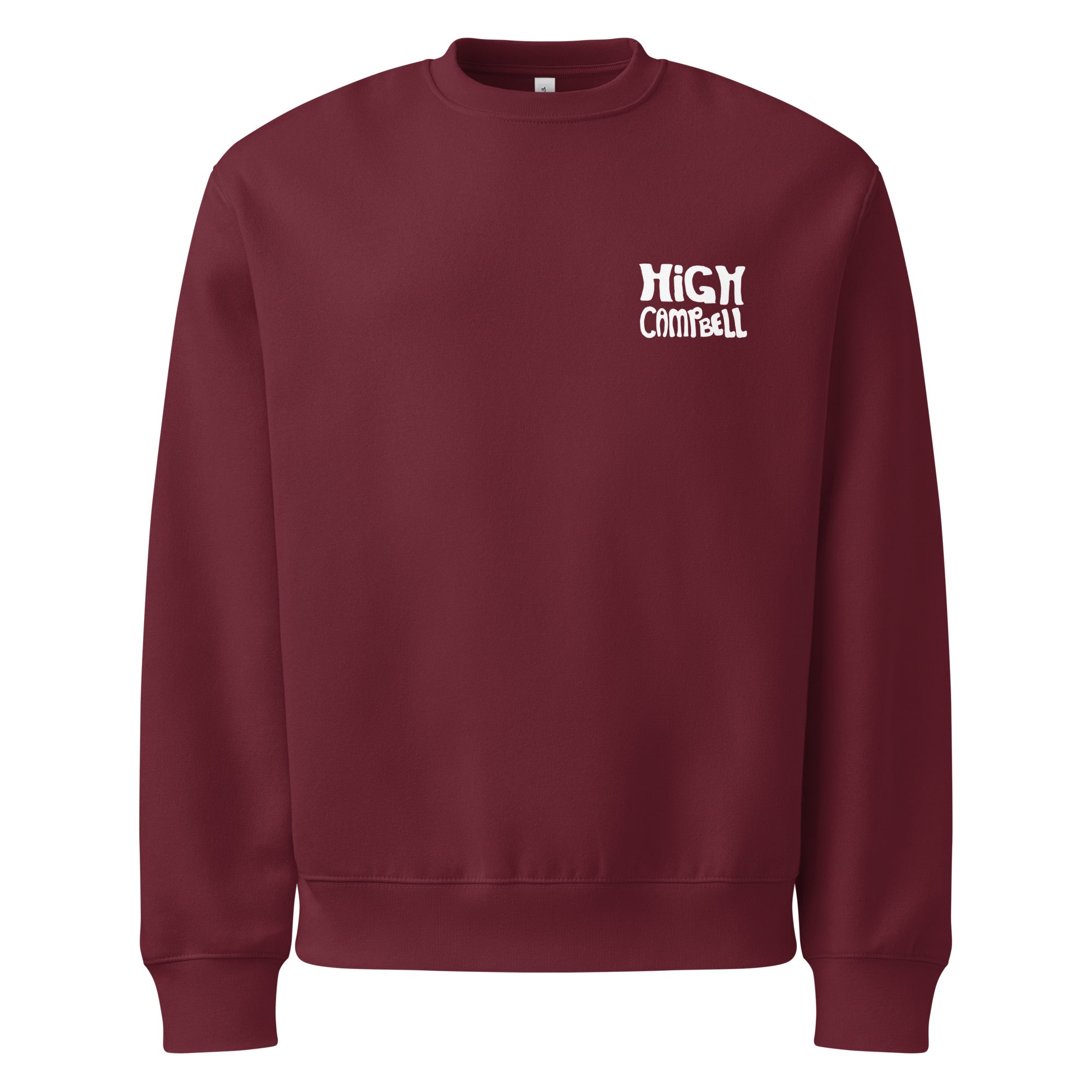 Red SQAWK crew neck with white high campbell logo on front