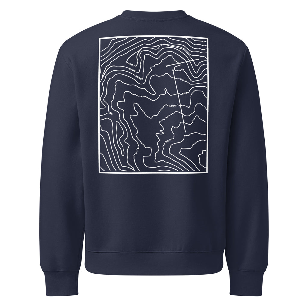 Blue SQAWK crew neck with white high topographic design on back