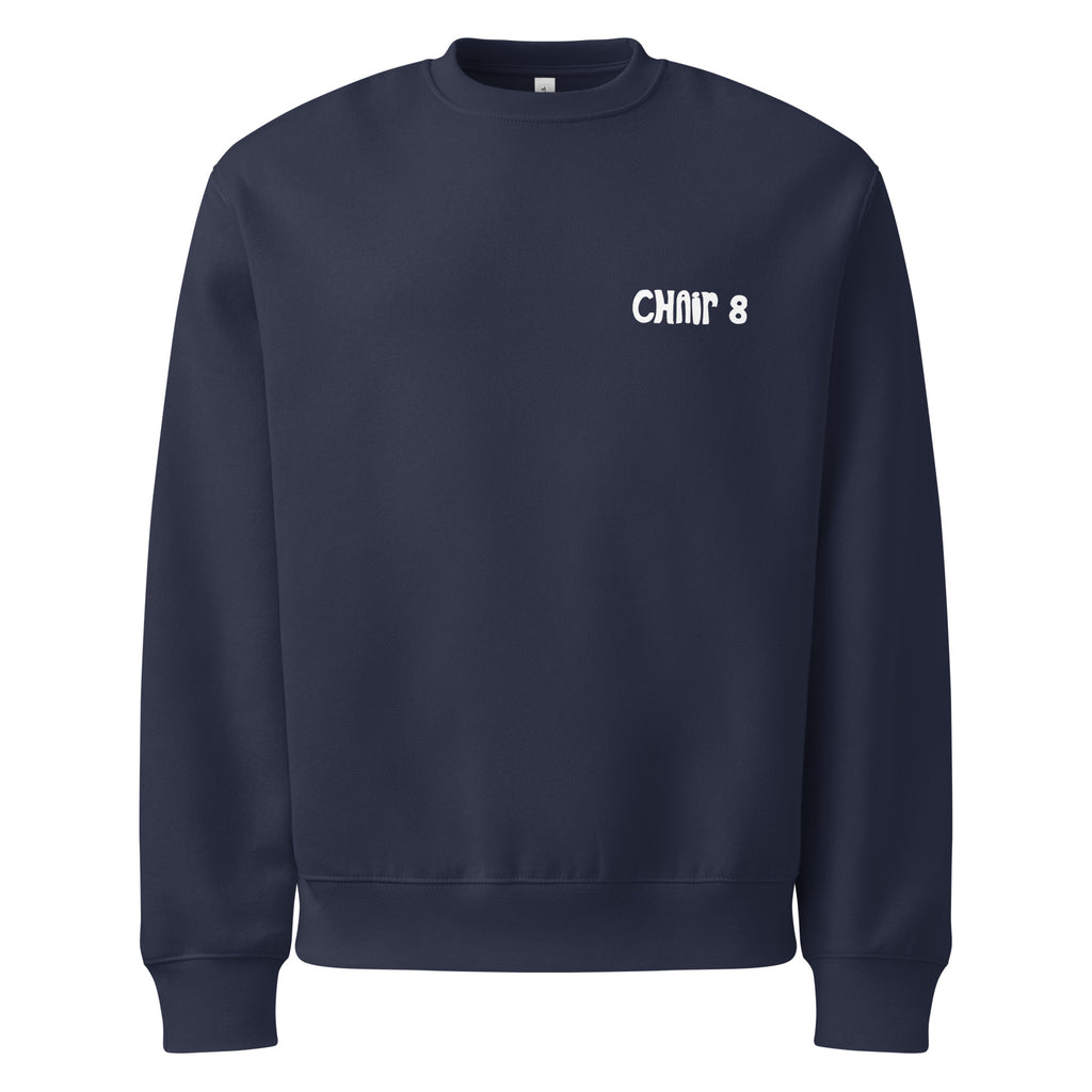 Blue SQAWK crew neck with white chair 8 logo on front