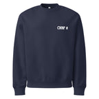 Blue SQAWK crew neck with white chair 8 logo on front