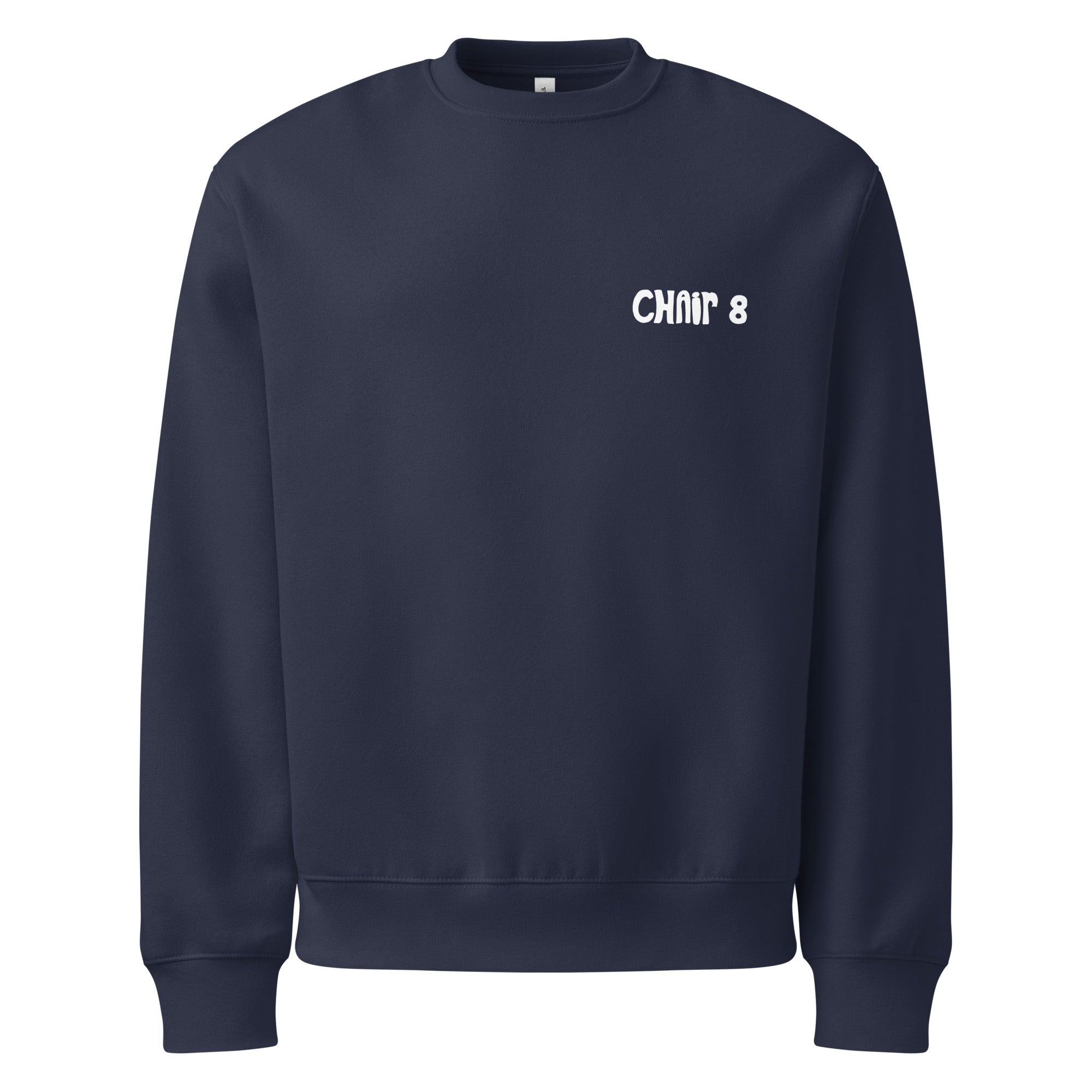 Blue SQAWK crew neck with white chair 8 logo on front