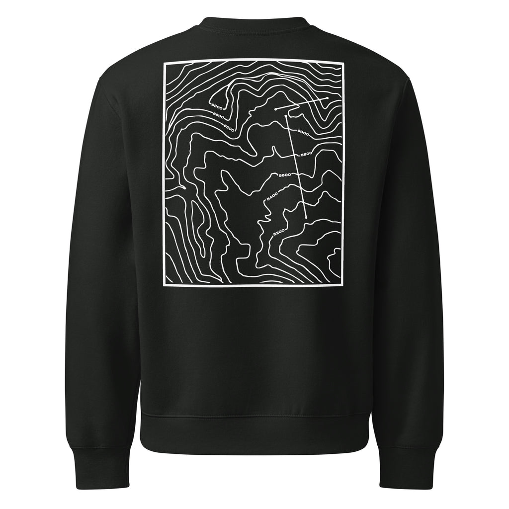 Black SQAWK crew neck with white high topographic design on back