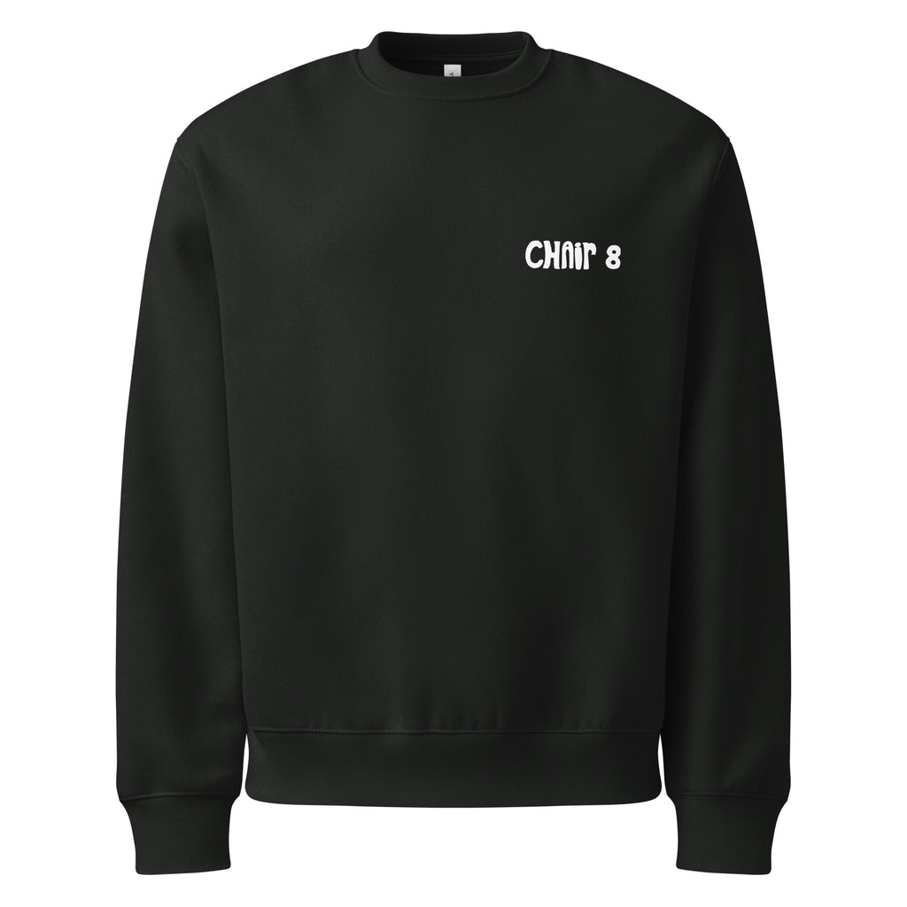Black SQAWK crew neck with white chair 8 logo on front