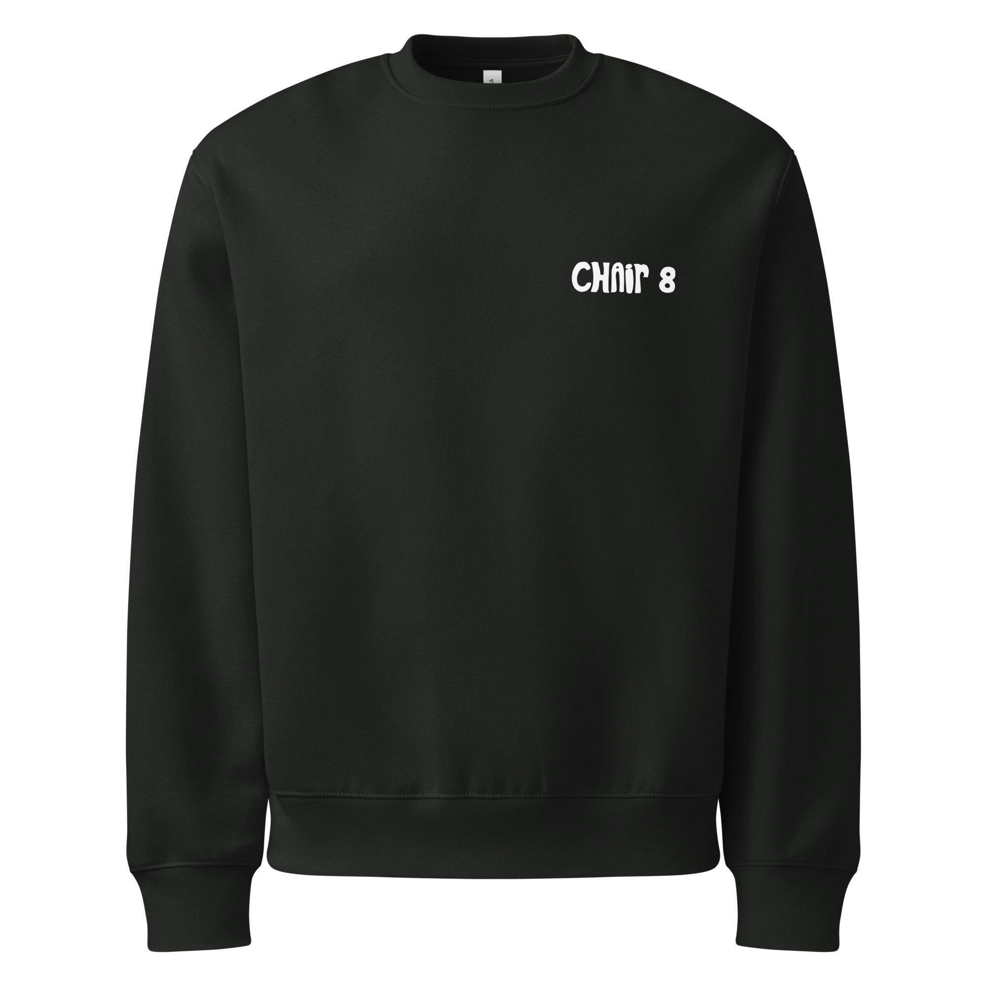 Black SQAWK crew neck with white chair 8 logo on front