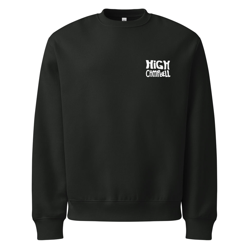 Black SQAWK crew neck with white high campbell logo on front